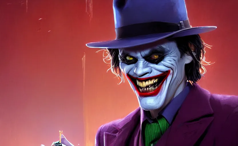 Image similar to highly detailed portrait of jim carrey as the joker wearing a fedora, in batman comic book, stephen bliss, unreal engine, fantasy art by greg rutkowski, loish, rhads, ferdinand knab, makoto shinkai and lois van baarle, ilya kuvshinov, rossdraws, tom bagshaw, global illumination, radiant light, detailed and intricate environment