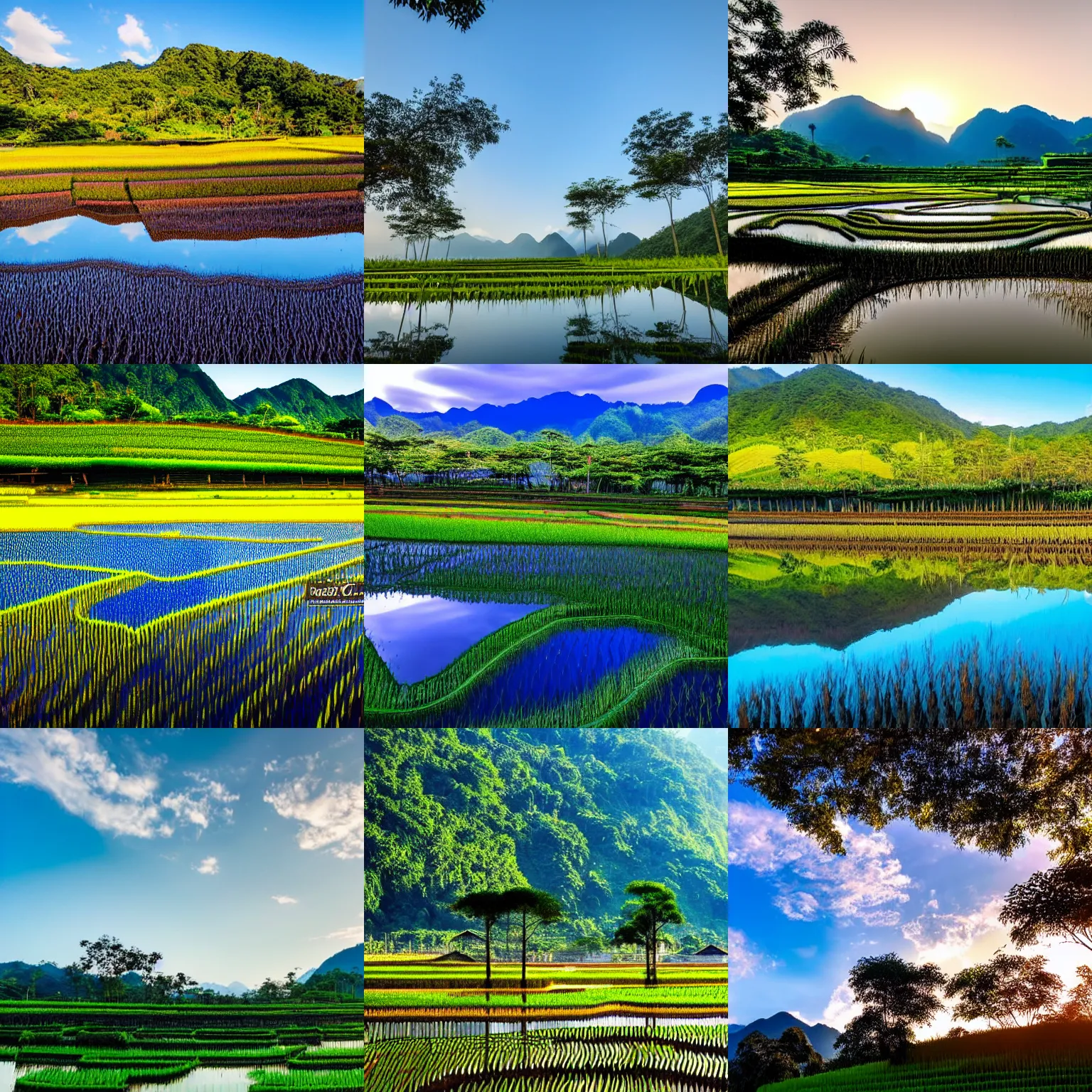 Prompt: the reflections in rice fields of blue sky and mountains with trees sunlight at 6 : 1 0 pm in taiwan