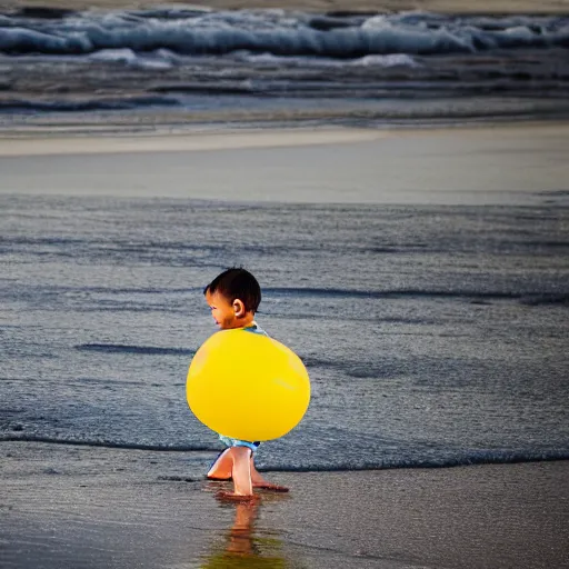 Image similar to a little boy on the beach, yellow floaties, XF IQ4, f/1.4, ISO 200, 1/160s, 8K, RAW, unedited, symmetrical balance, in-frame