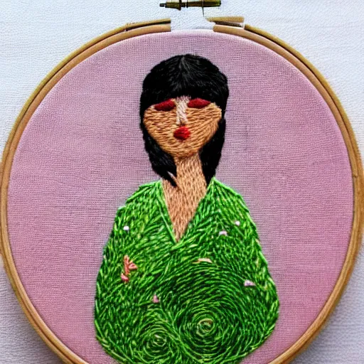 Image similar to a tiny beautiful handmade embroidery of a woman. hand embroidery.