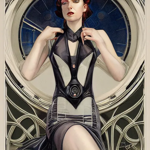 Prompt: a streamline moderne, ( art nouveau ), ( ( dieselpunk ) ) portrait in the style of charlie bowater, and in the style of donato giancola, and in the style of charles dulac. symmetry, ultrasharp focus, dramatic lighting, semirealism, intricate symmetrical ultrafine background detail.