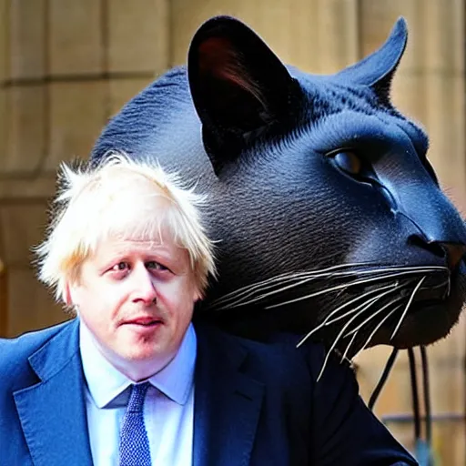 Prompt: Boris Johnson wearing bondage gear, riding a large cat in to war