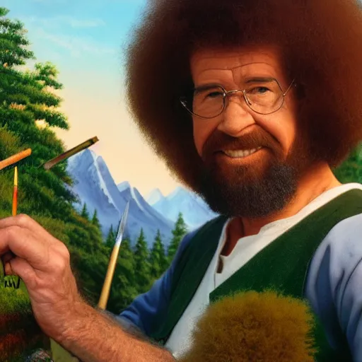 Image similar to a closeup photorealistic photograph of bob ross working on a canvas painting of cookie monster. film still. brightly lit scene. mountains and trees. this 4 k hd image is trending on artstation, featured on behance, well - rendered, extra crisp, features intricate detail, epic composition and the style of unreal engine.