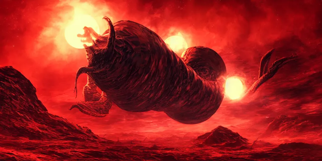 Image similar to giant <Cthulhu> silhouetted lunar surface crushing attacking red spaceship fighter with explosion, photorealistic, wide-angle, long shot, epic, space, lunar backdrop