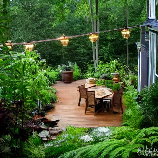 Image similar to backyard deck in misty lush landscape with multi levels and rich wood, gas lanterns, fern and golden retrievers