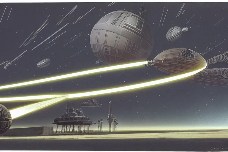 Prompt: ralph mcquarrie concept art, scene : ext death star the giant laser dish on the completed half of the death star begins to glow ; then a powerful beams shoots out toward the aerial battle.