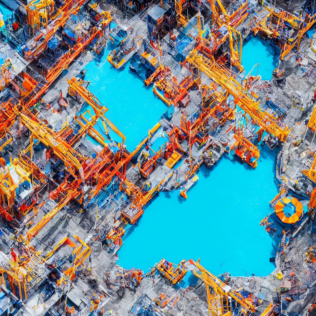 Prompt: colorful construction site with pools of bright blue water, birds eye view