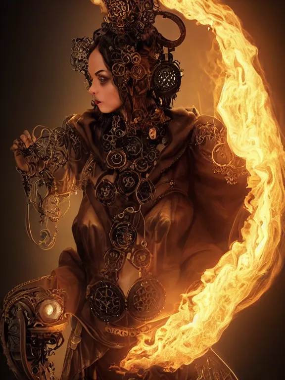 Prompt: portrait evil steampunk pyromancer woman, beautiful facial features, ornamental halo, black shirt, brown body, coat, intricate robes, sitting on obsidian throne, fractal fire background, sharp focus, highly detailed, cinematic lighting, studio quality, chiaroscuro, smooth render, unreal engine 5 rendered, octane, rendered, by artgerm, greg rutkowski, alphonse mucha