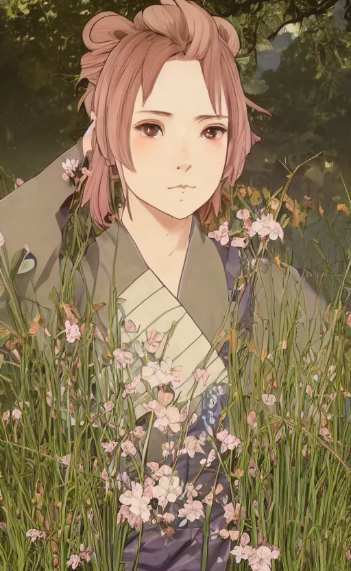 Image similar to front portrait of a boy standing, sakura tree in background, yukata clothing, battlefield in background, anime style, short hair, hair down, symmetrical facial features, from arknights, hyper realistic, 4 k, extreme detail, detailed drawing, trending artstation, realistic lighting, by alphonse mucha, greg rutkowski, sharp focus, backlit