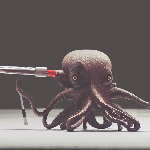 Image similar to macro photo of sci-fi cybernetic octopus holding paintbrushes, photography, filmic, cinematic, dramatic, depressed, photoshoot, 35mm, wide angle, short exposure, double-exposure, f/22, 22 megapixels, shot on 35mm, DSLR, 32k, hyper-realistic, highly detailed, ray traced, RTX, anti-aliasing, FXAA, sharpen, SFX, SSAO, de-noise, cinematic lighting, beautiful lighting, studio lighting, ultra realistic, max quality, epic 35 mm lens shot, photorealism, ray tracing global illumination, sharp focus, shadows, shaders, establishing shot