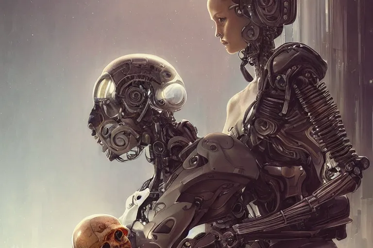 Image similar to Ultra realistic illustration, robot sitting, holding a human skull in it's hands, cyberpunk, sci-fi, fantasy, intricate, elegant, highly detailed, digital painting, artstation, concept art, smooth, sharp focus, illustration, art by artgerm and greg rutkowski and alphonse mucha