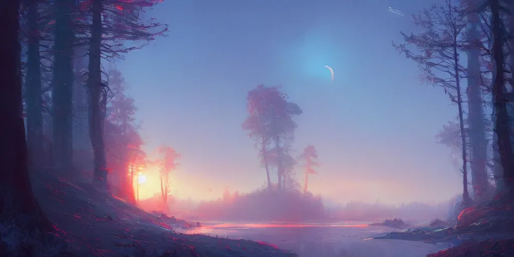 Prompt: Crimson and azure become as the sun by Simon Stålenhag and Thomas Kinkade and Greg Rutkowski, trending on artstation, 4k