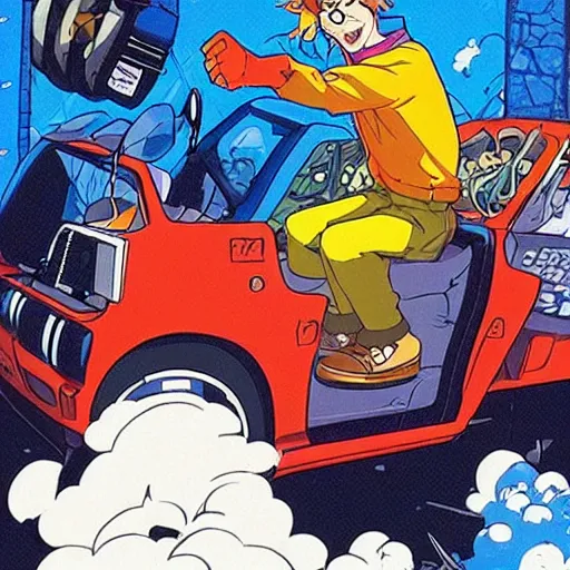 Image similar to scooby doo holding the steering wheel driving inside a nissan pulsar through windy roads in the hills, anime style akira initial d