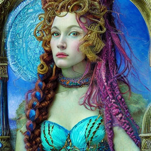 Image similar to intricate detail, hyper detail, by gaston bussiere, sandro botticelli, lady of elche, techno mystic princess intergalactica, inanna, ashteroth, with neon aqua rapunzel dreadlocks, detailed, masterpiece, sharp focus,