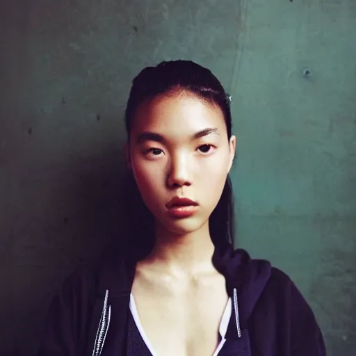 Image similar to realistic! photoshoot for a new nike lookbook, color film photography, portrait of a beautiful asian!! woman, photo in style of tyler mitchell, 35mm