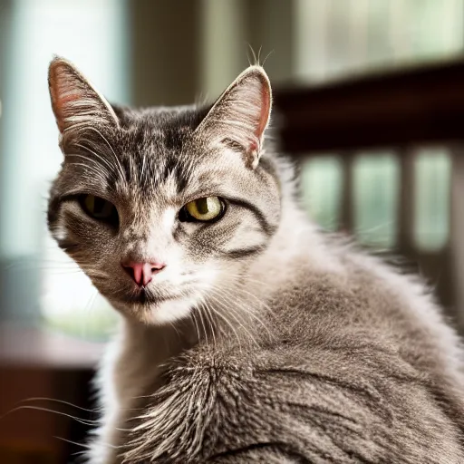 Image similar to Cat looking disappointed, on kitchen table, 40nm lens, shallow depth of field, split lighting, 4k,