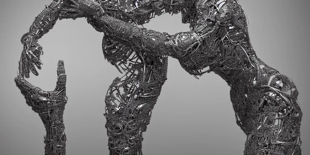 Image similar to realistic photography of a androgynous cyborg humanoid, reaching, grasping intricate filigree, in the style of beth cavener, jin kagetsu, wlop, highly detailed, symmetry, masterpiece, concept art, ringflash, highkey lighting, ambient lighting, softbox key light, octane render, 8 k, artstation