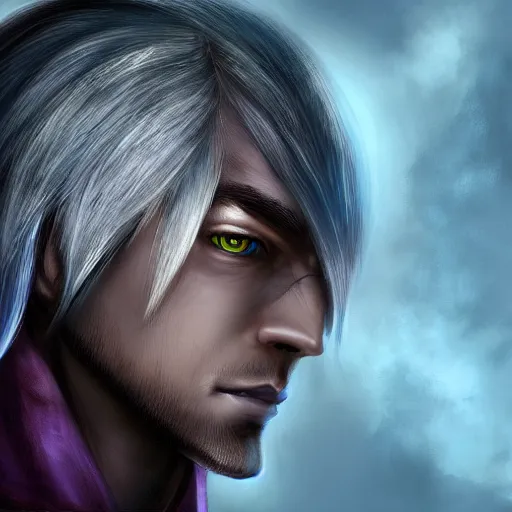 Prompt: a head and shoulders portrait photo of a male drow elf wizard