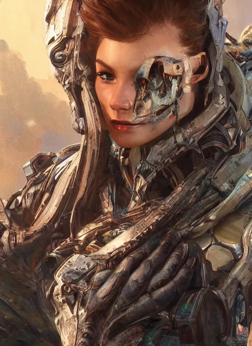 Image similar to asymmetrical!! portrait of an alien with large tubes in face in the style of, machine face, intricate, elegant, highly detailed, digital painting, artstation, concept art, smooth, sharp focus, illustration, art by artgerm and greg rutkowski and alphonse mucha, horizon zero dawn 8 k