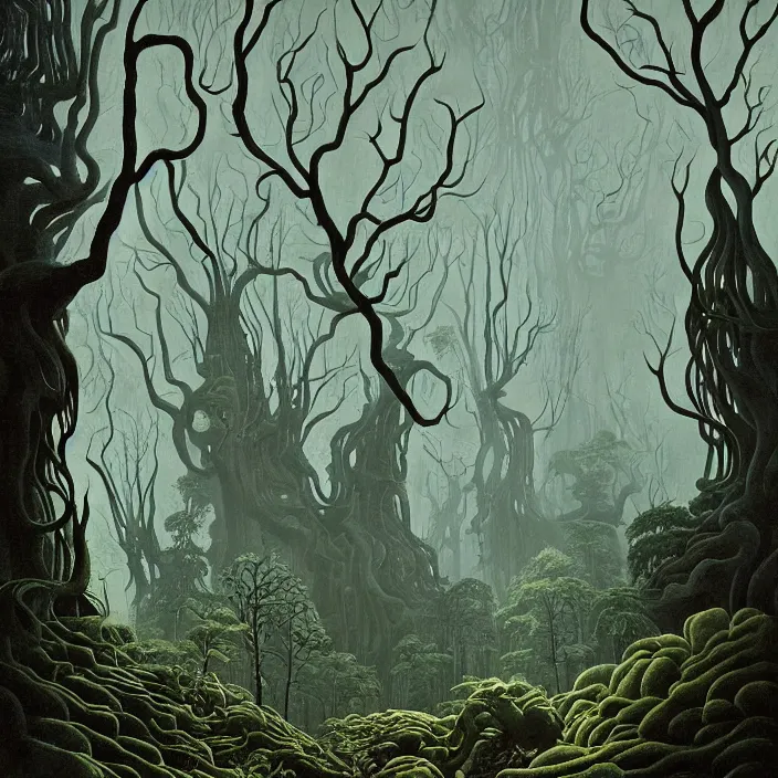 Image similar to charles burchfield art painting, beautiful arboreal forest by Adriaan Herman Gouwe, oregon washington rain forest by beeple, a beautiful and insanely detailed matte painting of alien dream worlds with surreal architecture designed by Heironymous Bosch, mega structures inspired by Heironymous Bosch's Garden of Earthly Delights, vast surreal landscape and horizon by Jim Burns, rich pastel color palette