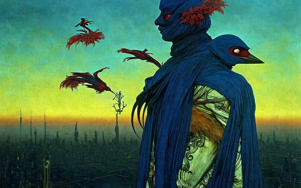 Image similar to realistic detailed portrait movie shot of a birdman wearing dark ragged robes, futuristic city sunset landscape background by denis villeneuve, amano, yves tanguy, alphonse mucha, ernst haeckel, max ernst, roger dean, rich moody colours, blue eyes