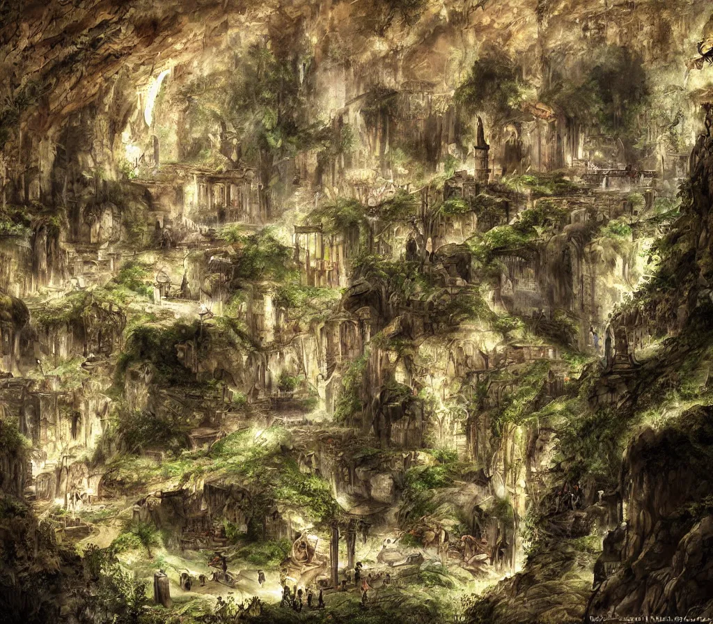 Prompt: the city of Rome but underground in an impossibly large cave,lush nature,fantasy art,realistic,high quality,detailed