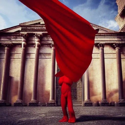 Image similar to a figure covered by red cloth that's blowing in the wind standing in a beautiful roman city, digital art, concept art, cloth simulation with houdini, octane, redshift, 8 k