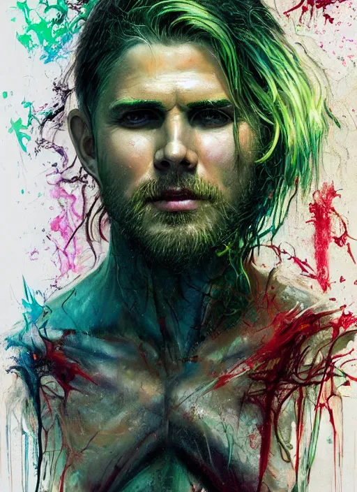 Prompt: a Demon Slayer portrait of Stephen Amell, tall, pale-skinned, slender with lime green eyes and long eyelashes by Stanley Artgerm, Tom Bagshaw, Arthur Adams, Carne Griffiths, trending on Deviant Art, street art, face enhance, chillwave, maximalist, full of color, glittering