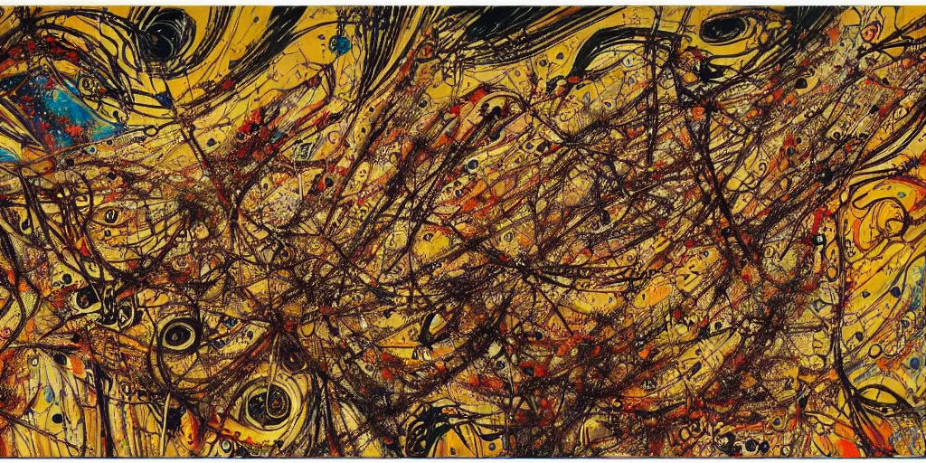 Image similar to an intricate and complex abstract painting with a lot of stains, golden threads, brown holes, surreal style, colorful, hyper detailed, jackson pollock,