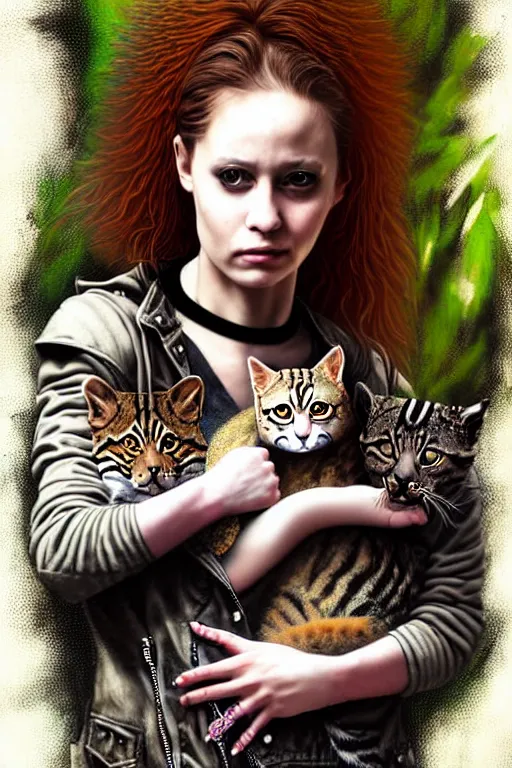 Image similar to punk rock girls making selfie with kind cats in jungle , mad max jacket, post apocalyptic, renaissance, highly detailed, digital painting, oil painting by Leonardo Da Vinci, hyper realistic style, fantasy by Olga Fedorova