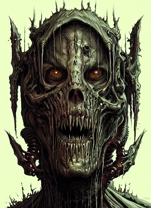 Image similar to epic doom undead monarch, highly detailed portrait concept art, josan gonzalez, greg rutkowski, h. r. giger, zdizslaw beksinski, threyda, majestic cinematic masterpiece, psychedelic backlit, movie poster character, intricate, biomechanical, smooth, trending on cgsociety