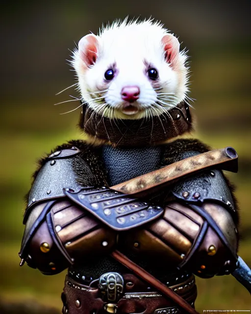 Image similar to ferret warrior, furry, fantasy, viking, high detailed, photography, cloudy, lightweight leather armour, scandinavia, plain, detailed face, look into the distance, serious face, full body, in full growth, professional photographer, masterpiece, 5 0 mm, extremely detailed, 8 k