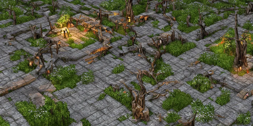 Image similar to medieval gardens at night, dead trees, bushes, thorns, stone pathways, stairs, ponds, gazebos, bridges, 3d model, miniature, iso, isometric view, gas lighting, stone and wood, dead tree, digital art, riot games, blizzard entertainment