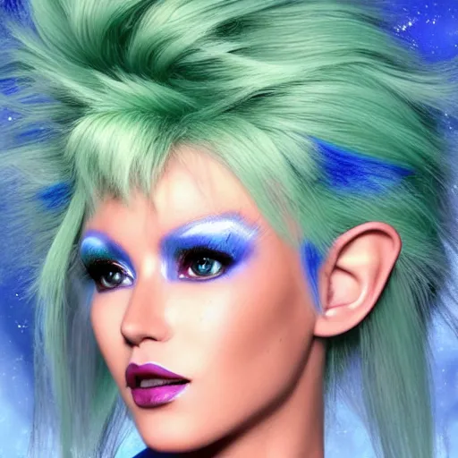Image similar to Glam hair, 80s hair, Elf girl with blue skin, alien skin, blue elf, blue, blue-skinned elf, green hair, hairspray, big hair, wild hair, glam make-up, 80s, illustration, fantasy art, trending on ArtStation, 1980s fantasy art