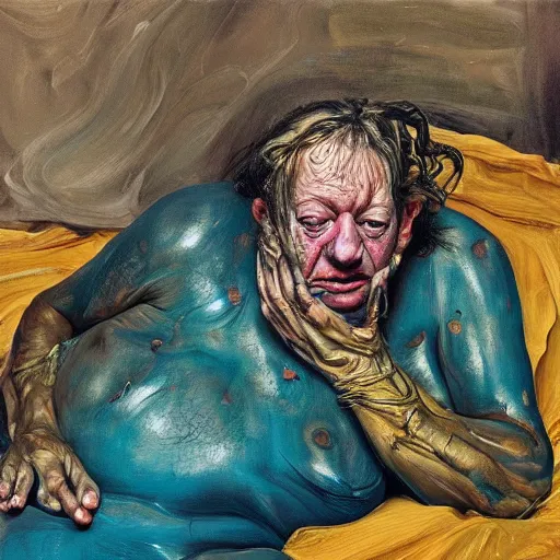 Image similar to high quality high detail painting by lucian freud and jenny saville, hd, psychedelic freak out, turquoise, ambient lighting