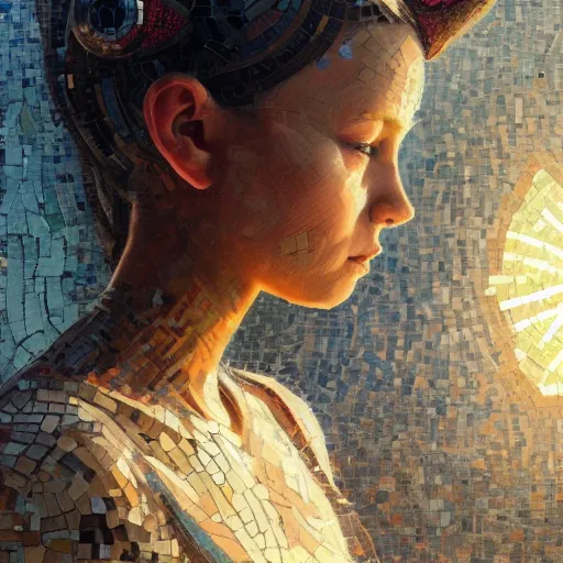 Image similar to mosaic portrait of a beautiful young girl with robot ears falling into the sun by greg rutkowski, 4k, intricate details, dichotomy