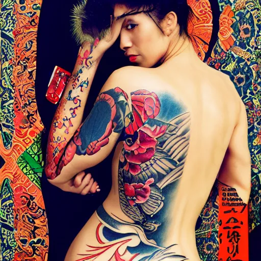 Prompt: super sexy, beautiful South American female model, Japanese yakuza tattoo all over her body , blue and red tattoo, Vogue issue January, futuristic typography, in the style of Bosch and Jan Van Eyck, 16th century painting style and textur