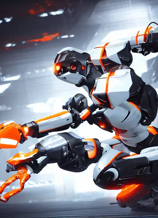 Image similar to a Photorealistic dramatic hyperrealistic full frame render of a Sleek futuristic exosuit Freedom Formula Racing Mech,Ultra realistic details,glossy white metal,Orange racing stripes,weathered surfaces,by Hidetaka Tenjin,Yoh Yoshinori,Yoji Shinkawa,Masamune Shirow,Beautiful dramatic dark moody tones and lighting,cinematic atmosphere,studio lighting,shadows,dark background, Octane render,8K