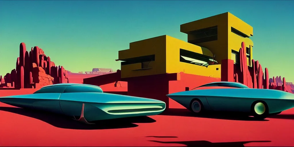 Image similar to a cinematic matte painting of a sleek 1 9 6 0 s vaporwave retro - futurism sci - fi car in a cluttered garage in the american southwest. cactus. by eric lafforgue, glennray tutor and edward hopper, greg rutkowski. trending on artstation.