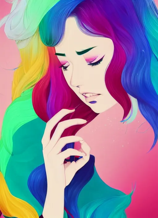 Image similar to a young woman with beautiful rainbow hair. she looks very sad. she is crying. clean cel shaded vector art. shutterstock. behance hd by lois van baarle, artgerm, helen huang, by makoto shinkai and ilya kuvshinov, rossdraws, illustration, art by ilya kuvshinov