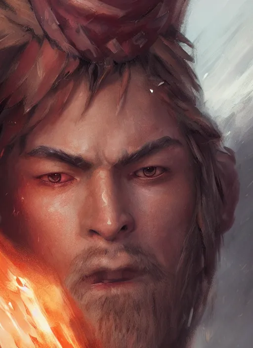 Image similar to Oil painting of a male human warrior, fantasy character art, close up, portrait, D&D, Magic The Gathering, by Charlie Bowater, Craig Mullins, centered, symmetrical, 8k, sharp focus