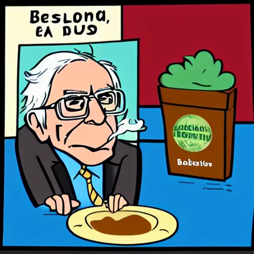 Prompt: a cartoon illustration of Bernie sanders smoking weed