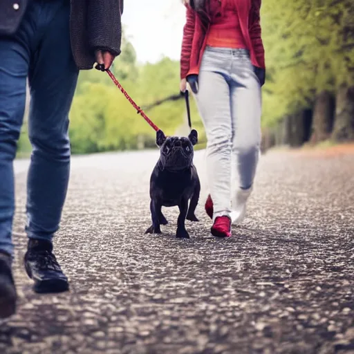 Prompt: a man and a woman walking in park holding hands a french bulldog with a leash