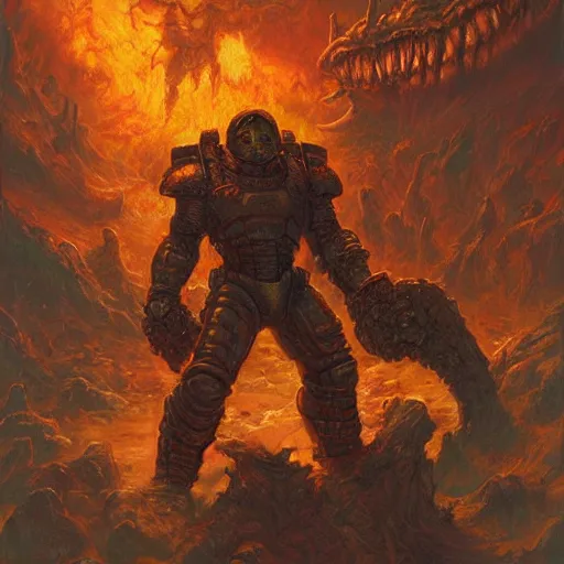 Image similar to The Doomguy fighting demons in hell, full-body character art by Donato Giancola and James Gurney, digital art, trending on artstation