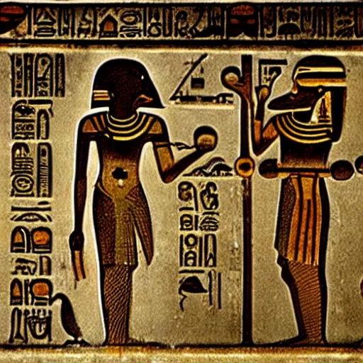 Prompt: egyptian hieroglyphics describing an alien invasion