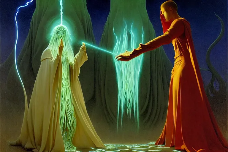 Prompt: the female arcanist and the male artificer by zacharias aagaard and albert bierstadt and gerald brom and zdzisław beksinski and james gilleard and wayne barlowe and jean delville, beautiful, robes, highly detailed, hyperrealistic, intricate, energy, electricity, blue flame, low light, green crystal, high contrast