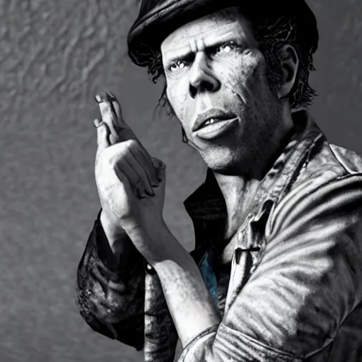 Prompt: Tom Waits as a character in the Fallout 4 video game