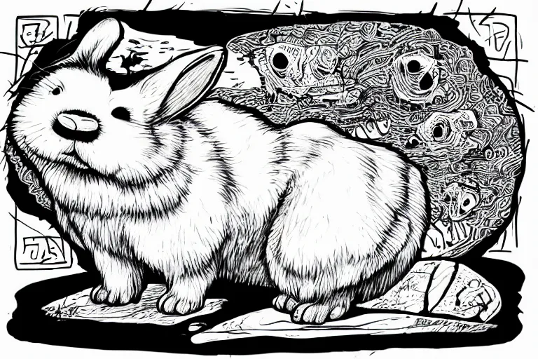 Image similar to a cute fluffy rabbit with a flint knife cuts through water, in a lowbrow, pop surrealism art style, rubberhose animation character style, intricate, line-drawing, black ink on white paper