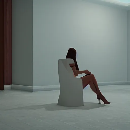 Image similar to a woman in a white dress sitting in a chair, concept art by john carpenter, reddit, hypermodernism, playstation 5 screenshot, unreal engine 5, criterion collection