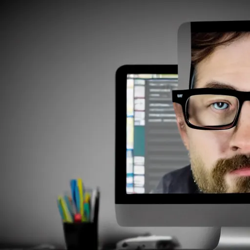 Prompt: a sweaty nerd with large glasses staring on his computer monitor in a dark room, humid, hot, hyper realistic, ultra detailed, 8 k